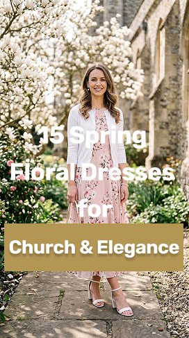 A woman wearing a floral dress is standing in front of a church.