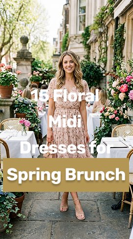A woman in a pink dress stands in front of a table with a vase of flowers.