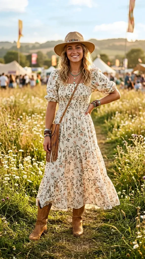 Woman in cream floral maxi dress with tan cowboy boots and straw hat, boho festival spring look