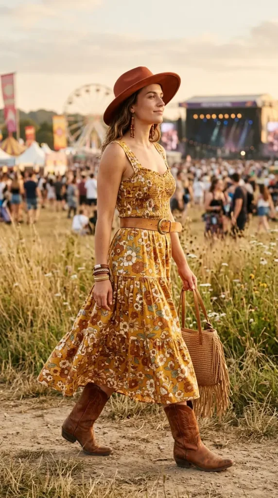 Woman in mustard floral sundress with brown cowboy boots side view, warm retro boho festival look