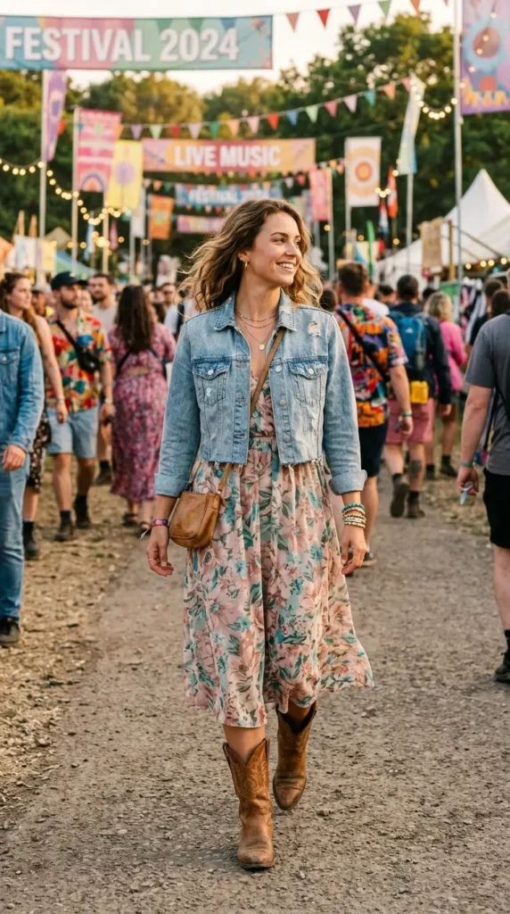 Woman in floral midi dress with denim jacket and cowboy boots over shoulder view, casual boho festival look