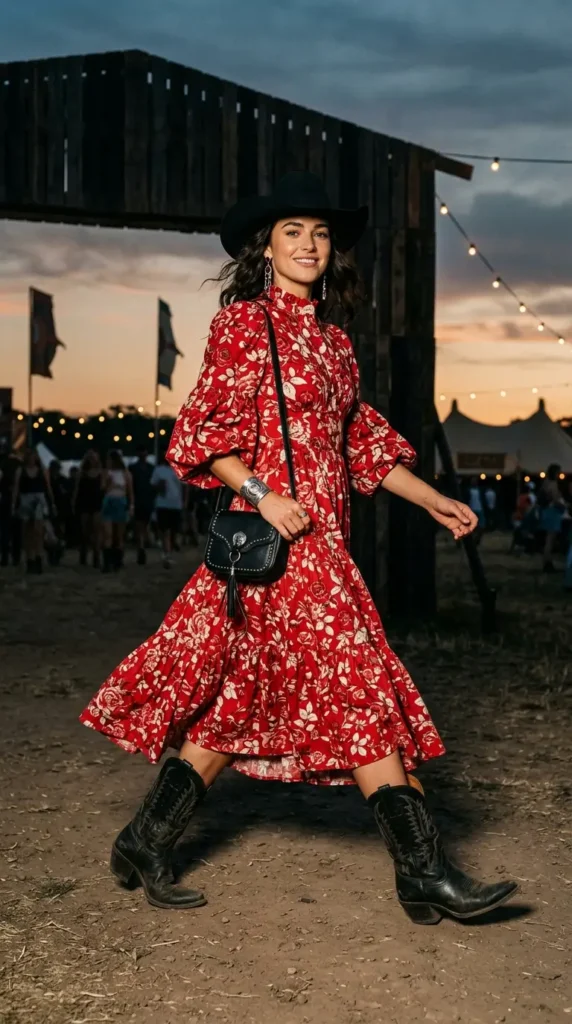 Woman walking in red floral prairie dress with black cowboy boots, dramatic boho festival statement look