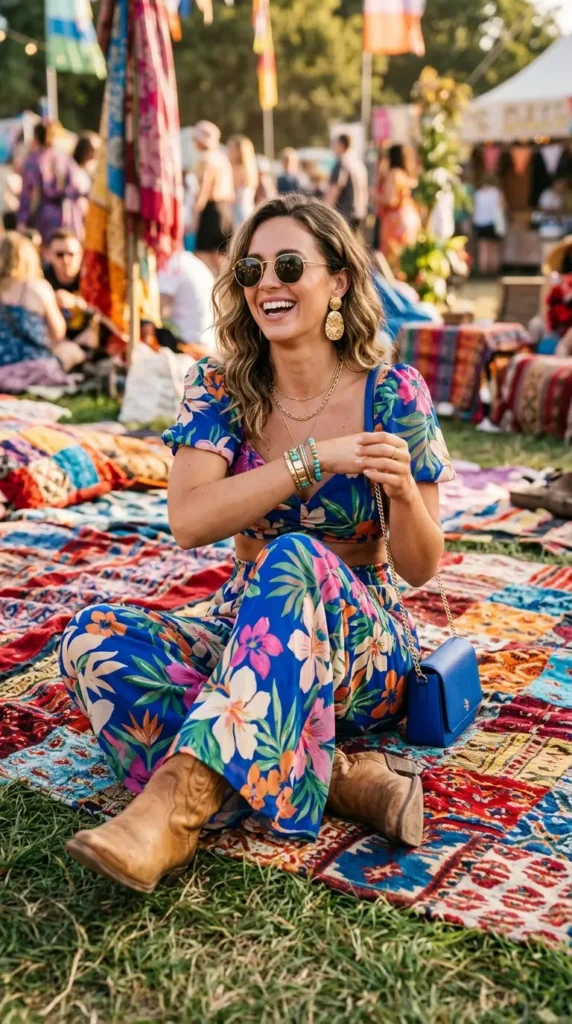 Woman in floral two-piece set with cowboy boots seated on festival blanket, maximalist boho festival look