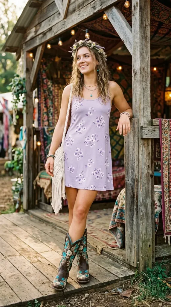Woman in lavender floral mini dress with embroidered cowboy boots leaning, artisan boho festival look