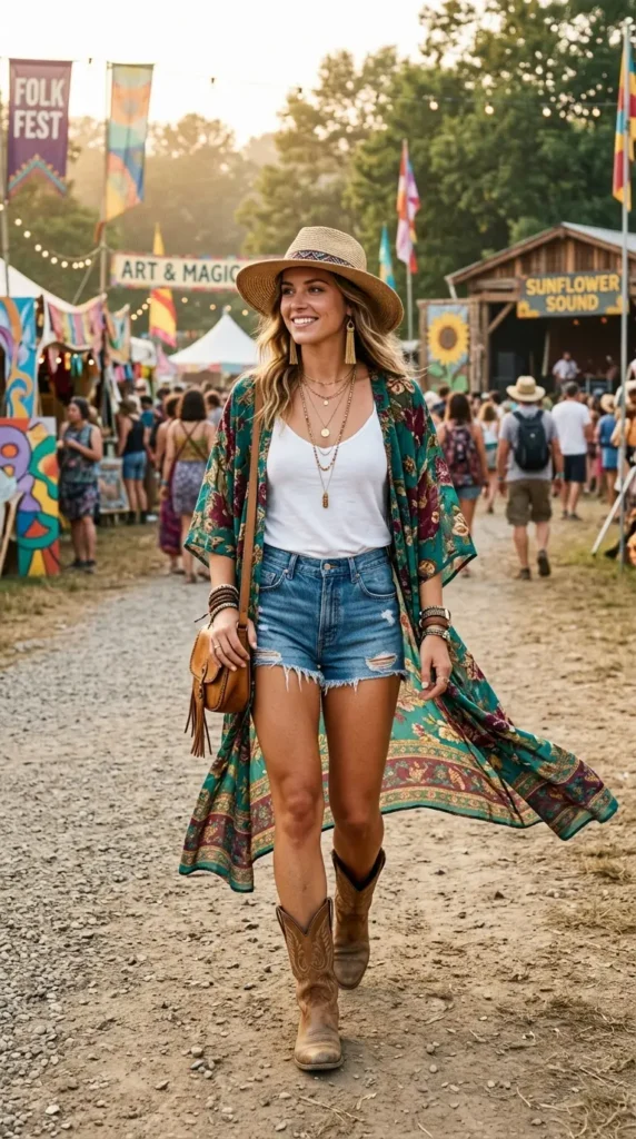 Woman in floral kimono over denim cutoffs with cowboy boots 3/4 view, casual iconic boho festival look
