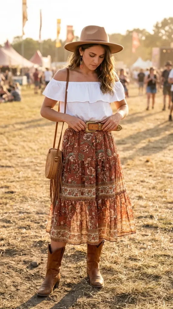 Woman in terracotta floral midi skirt with off-shoulder top and cowboy boots candid moment, warm boho festival look