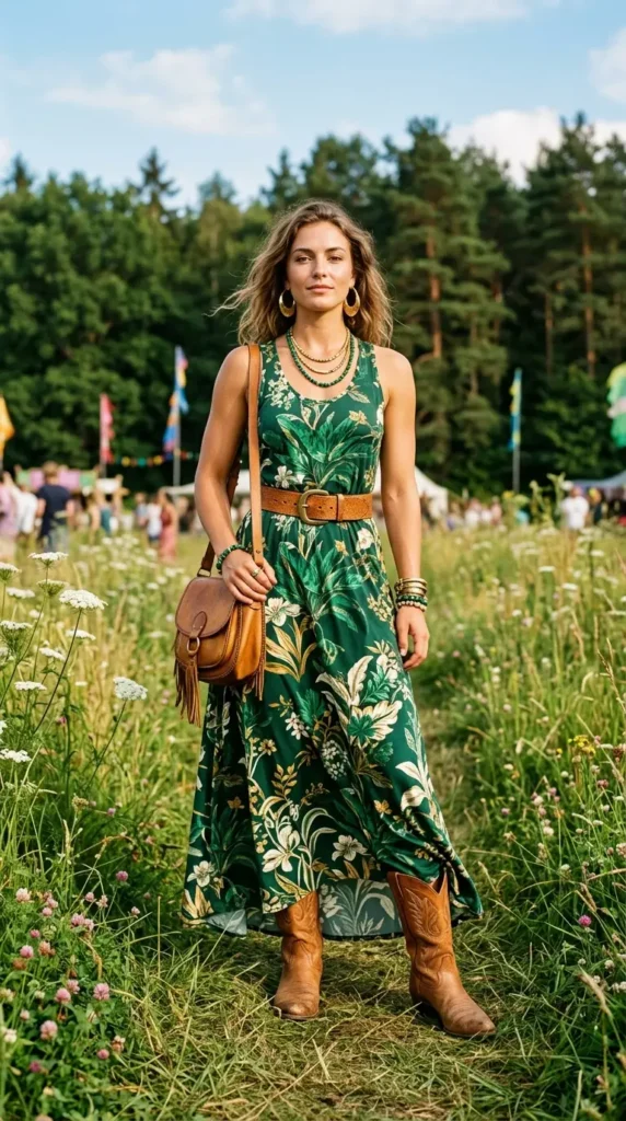 Woman in forest green floral maxi dress with tan cowboy boots, rich boho nature-inspired festival look