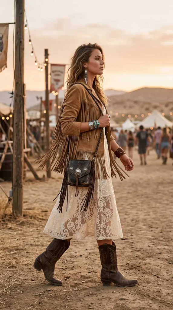 Woman in floral lace dress with fringed suede jacket and cowboy boots side view, rock boho festival look