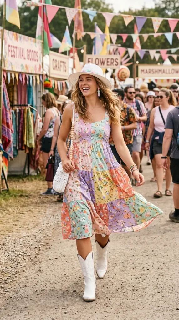 Woman walking in pastel patchwork floral midi dress with white cowboy boots, joyful boho festival look