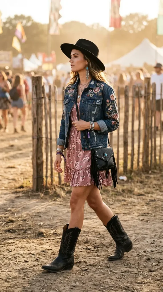 Woman in dusty rose floral mini dress with black cowboy boots side view, edgy boho festival look