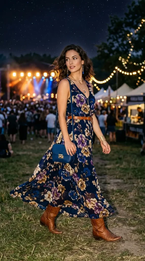 Woman in midnight blue floral maxi with cognac cowboy boots 3/4 view, glamorous boho festival evening look