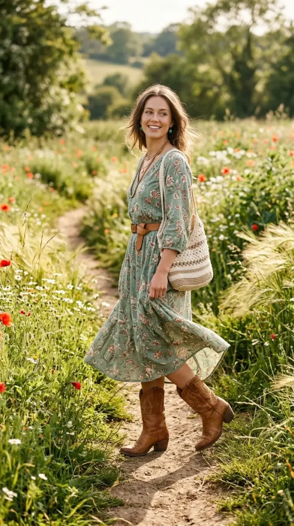 Woman in sage floral midi dress with caramel cowboy boots over shoulder view, earthy boho spring look
