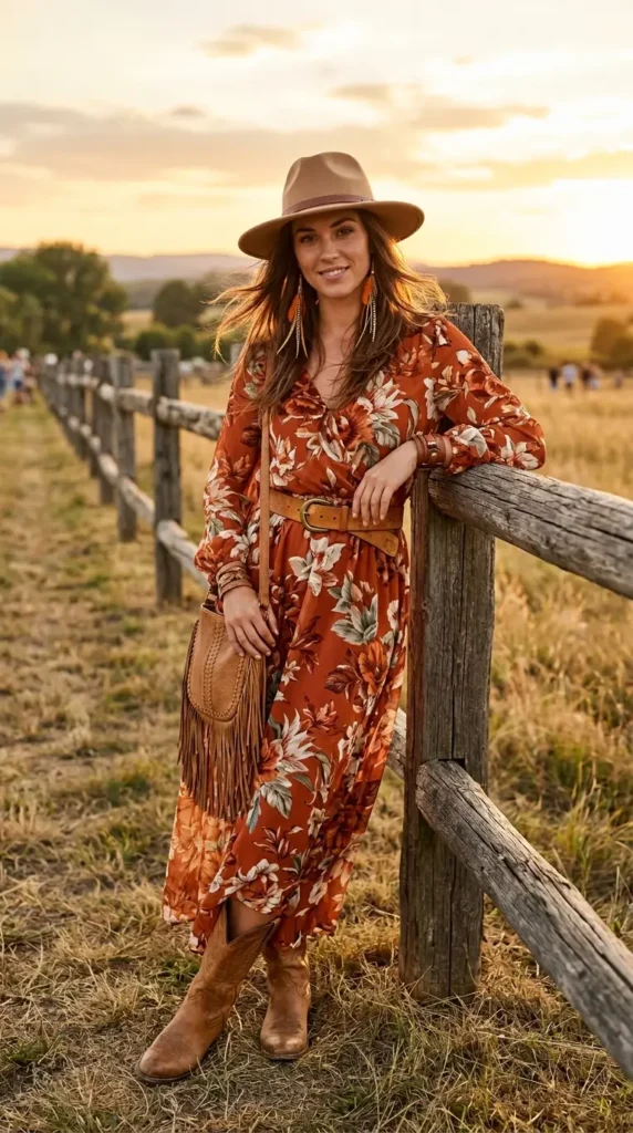 Woman in burnt orange floral maxi with tan cowboy boots leaning on fence, dramatic boho festival look