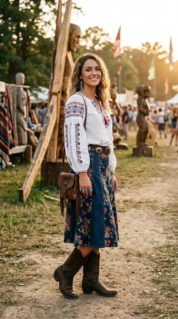 Woman in floral denim skirt with white peasant blouse and cowboy boots 3/4 view, Western boho festival look
