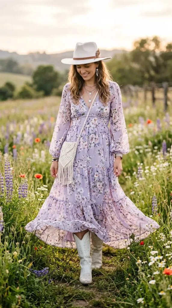 Woman in lilac floral maxi with white cowboy boots candid look down, dreamy boho festival spring look