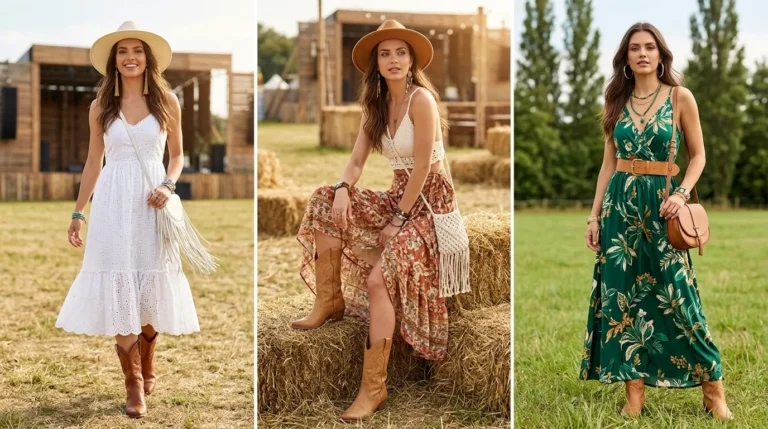 Woman in cream floral maxi dress with tan cowboy boots and straw hat in wildflower field, boho festival spring look