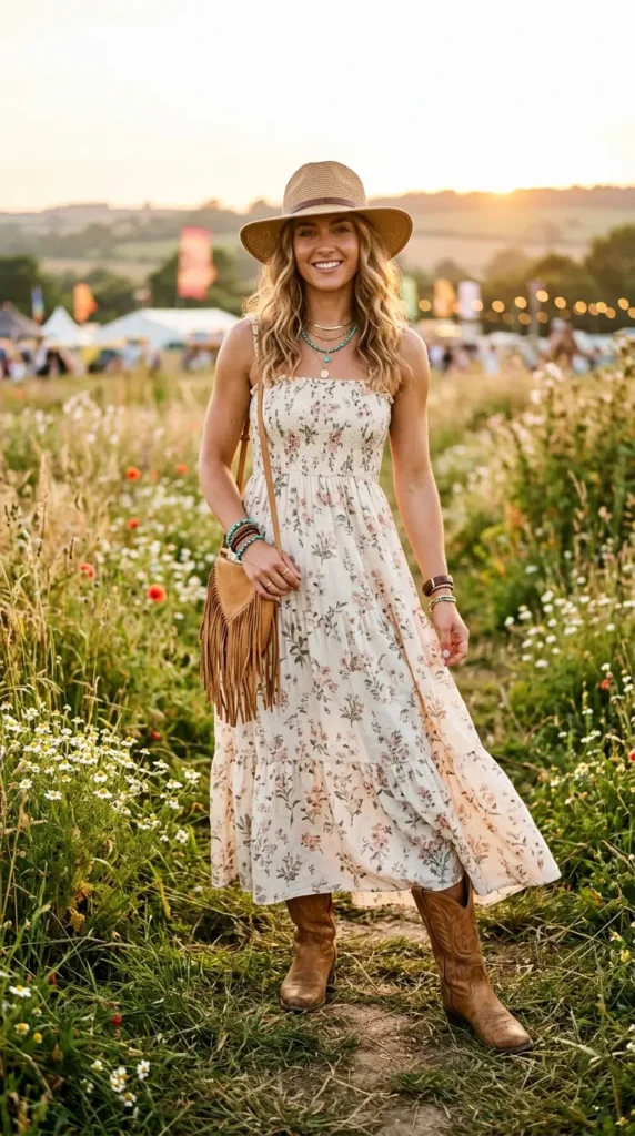  Woman in cream floral maxi dress with tan cowboy boots and straw hat in wildflower field, boho festival spring look