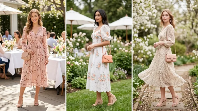 Woman in blush floral midi dress at outdoor spring brunch, chic effortless look