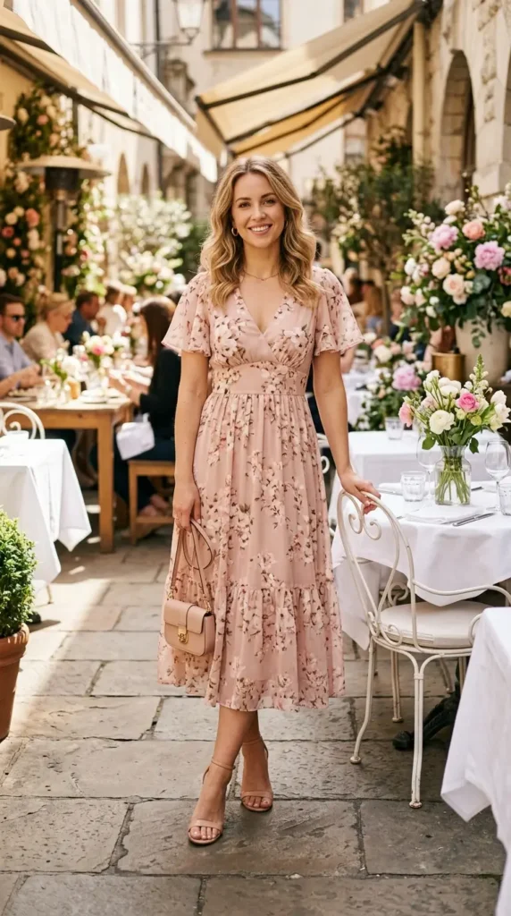 Woman in blush floral midi dress at outdoor spring brunch, chic effortless look