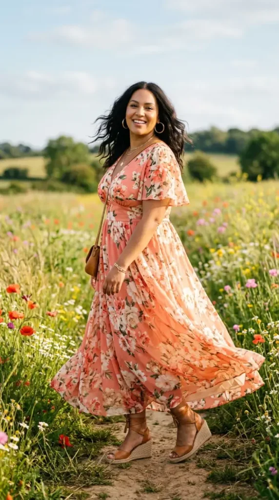 Plus-size woman in coral floral empire waist maxi dress over shoulder view, radiant spring look
