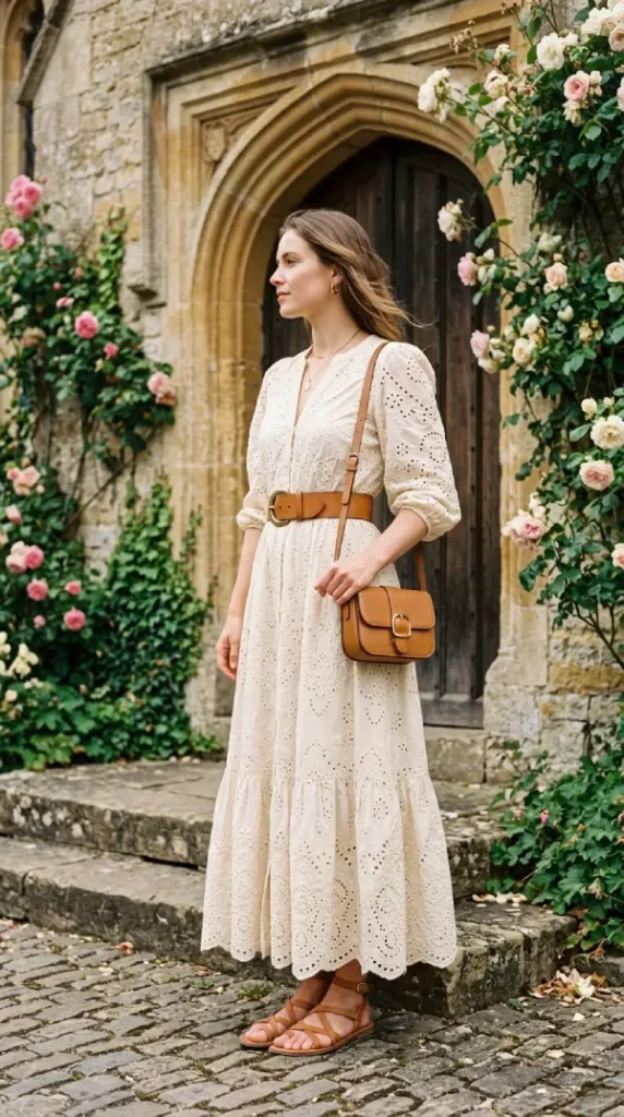 Woman in cream broderie maxi dress with tan belt side view, artisan modest spring church look
