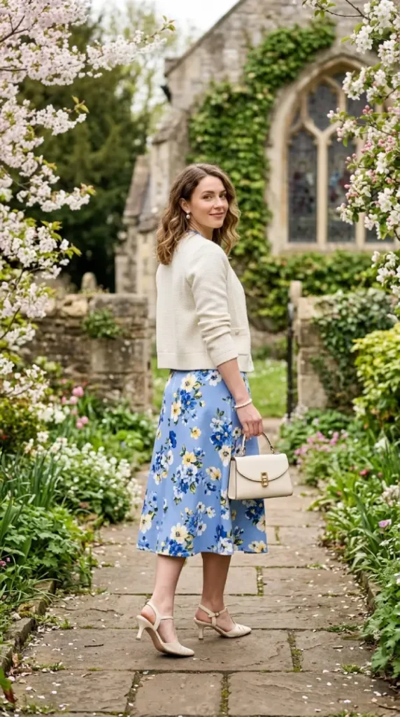 Woman in soft blue floral midi with cream structured cardigan over shoulder, modest Sunday-best spring look