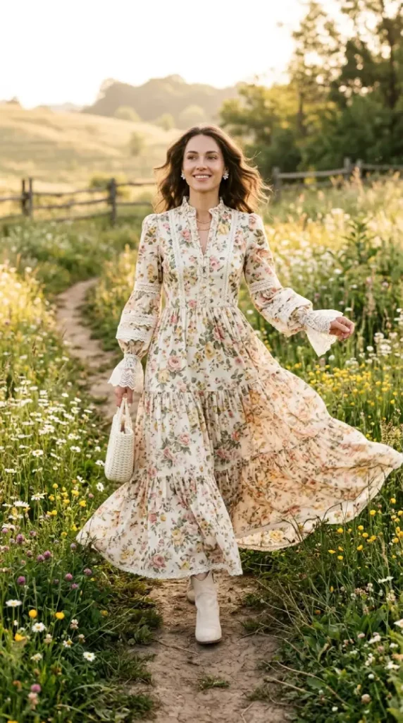 Woman walking in floral prairie dress with lace trim sleeves, romantic modest spring look