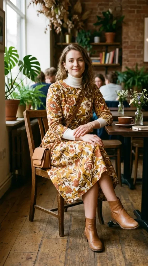Woman seated in floral A-line midi with turtleneck liner, modern modest spring everyday look