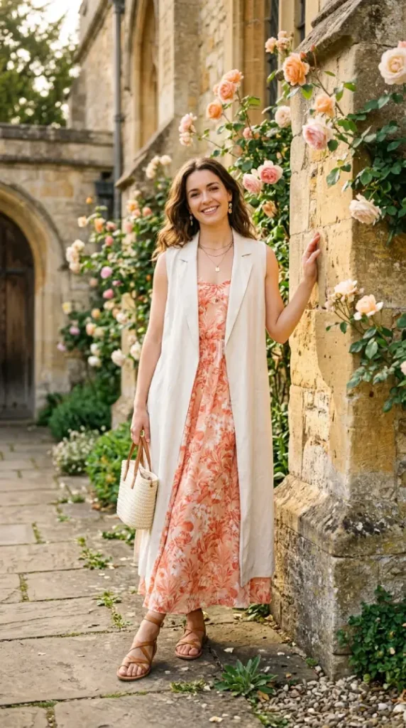 Woman in peach floral maxi with linen vest layer, gentle modest spring outdoor look
