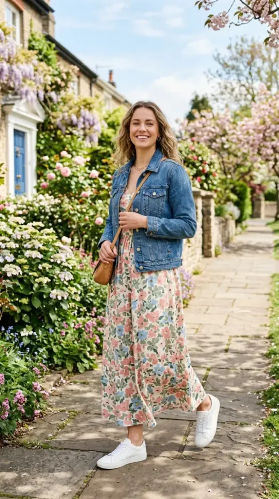 Woman in floral maxi with jean jacket 3/4 view, casual modest everyday spring look