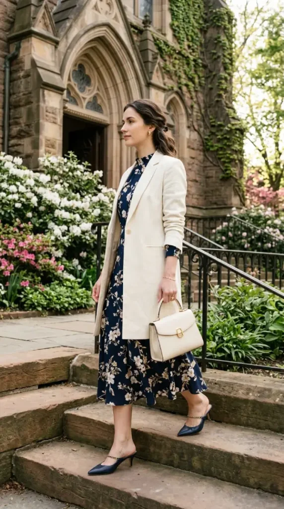 Woman in navy floral midi with long cream blazer side view, modest chic spring church look