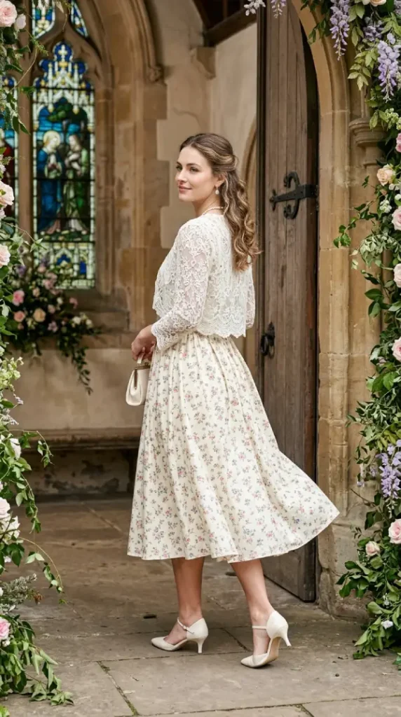 Woman in ivory floral tea dress with lace bolero jacket over shoulder view, classic modest spring church look