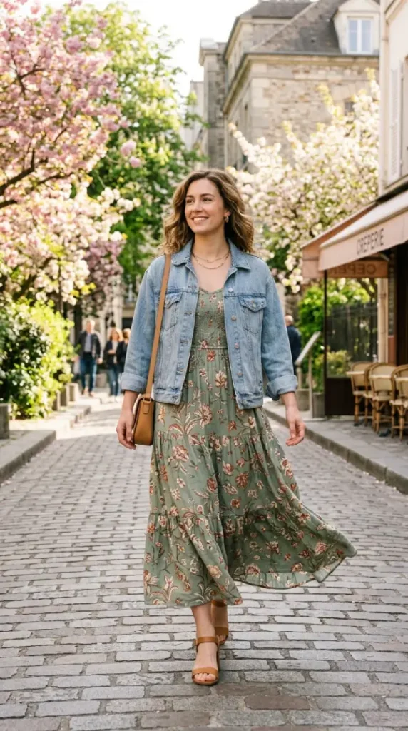 Woman walking in sage floral maxi dress with denim jacket, relaxed modest everyday spring look