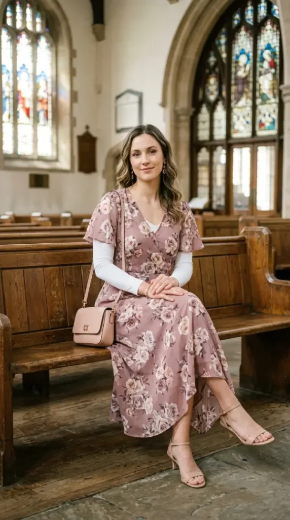 Woman seated in dusty rose floral midi dress with long sleeve blouse, modest spring church look