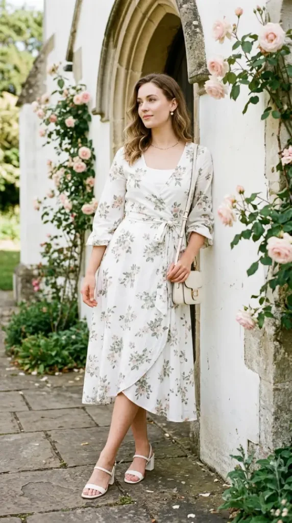 Woman in white floral wrap midi dress with camisole leaning on wall, modest versatile spring outfit