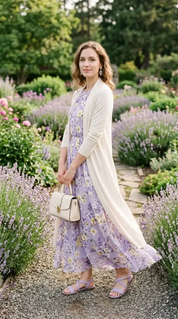 Woman in lavender floral maxi with long cream cardigan 3/4 view, graceful modest spring look