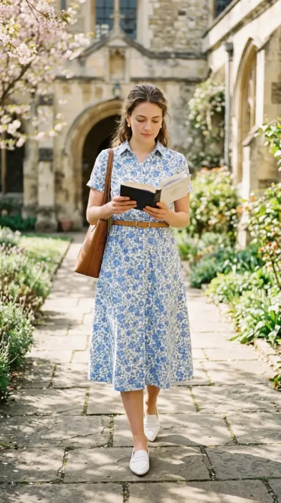 Woman in floral shirt dress with slip candid looking down, modest practical spring church outfit