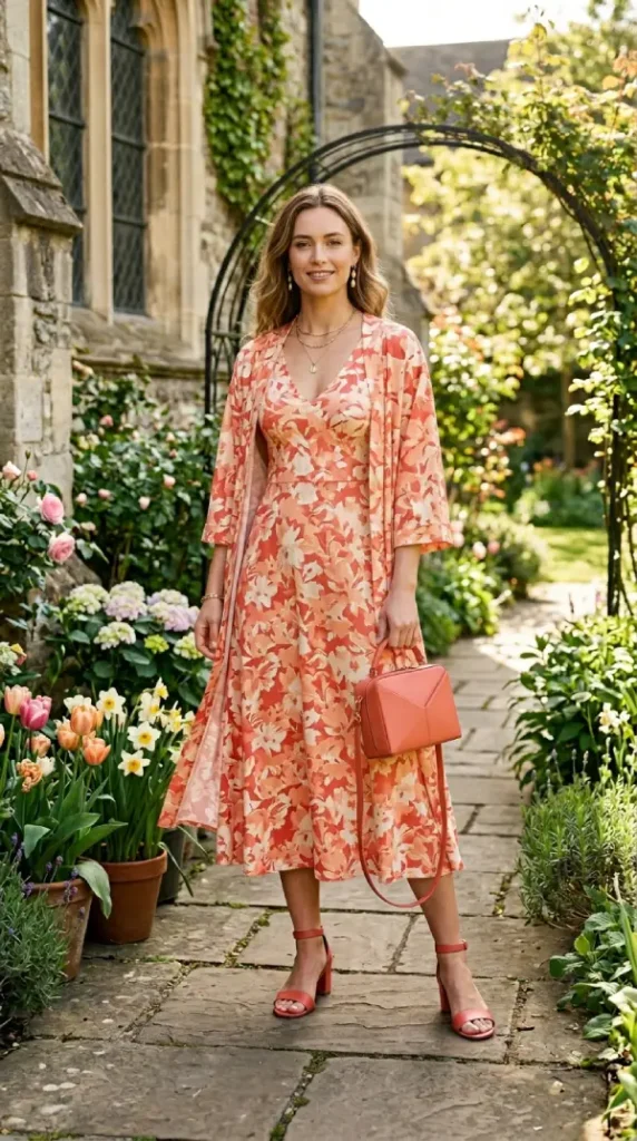 Woman in coral floral midi with matching longline kimono, joyful modest spring church outfit