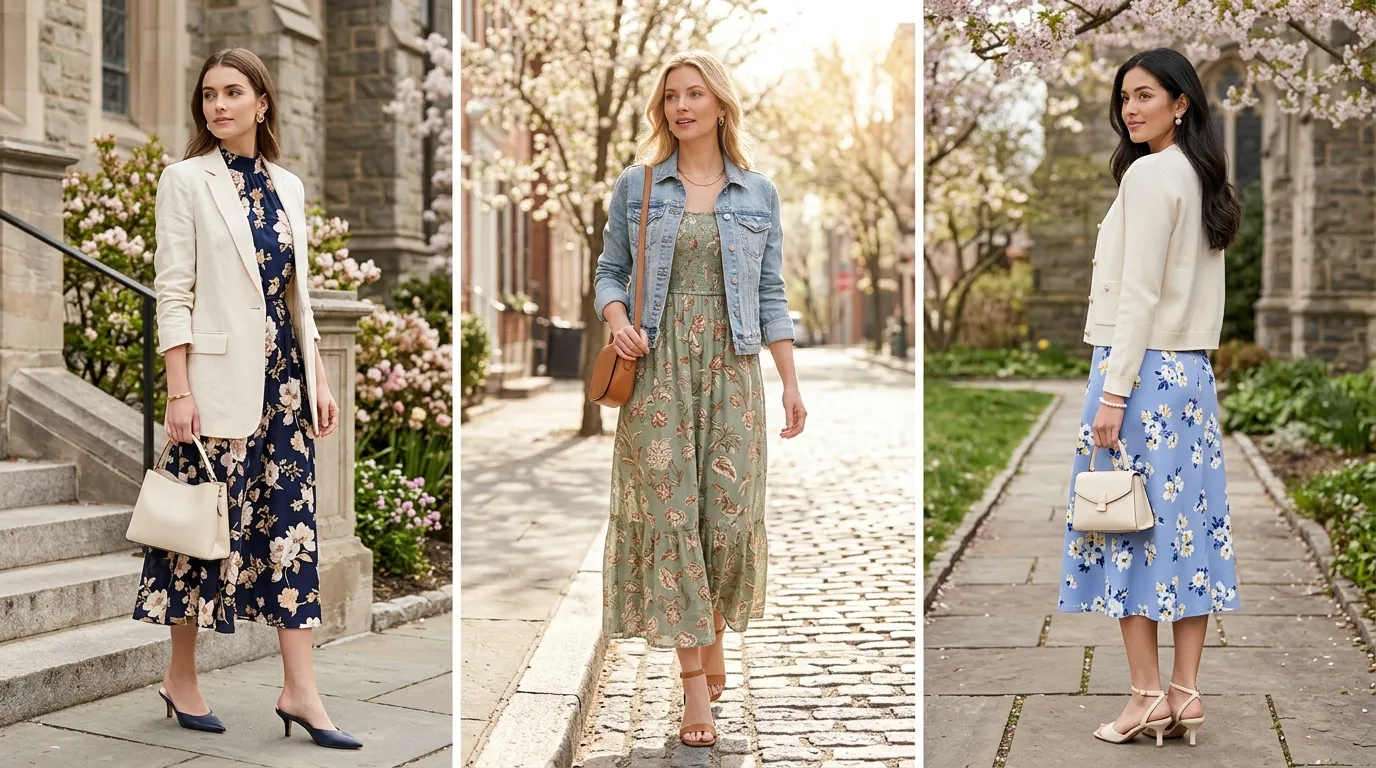 Woman in blush floral maxi dress with white cardigan in church garden, modest elegant spring outfit