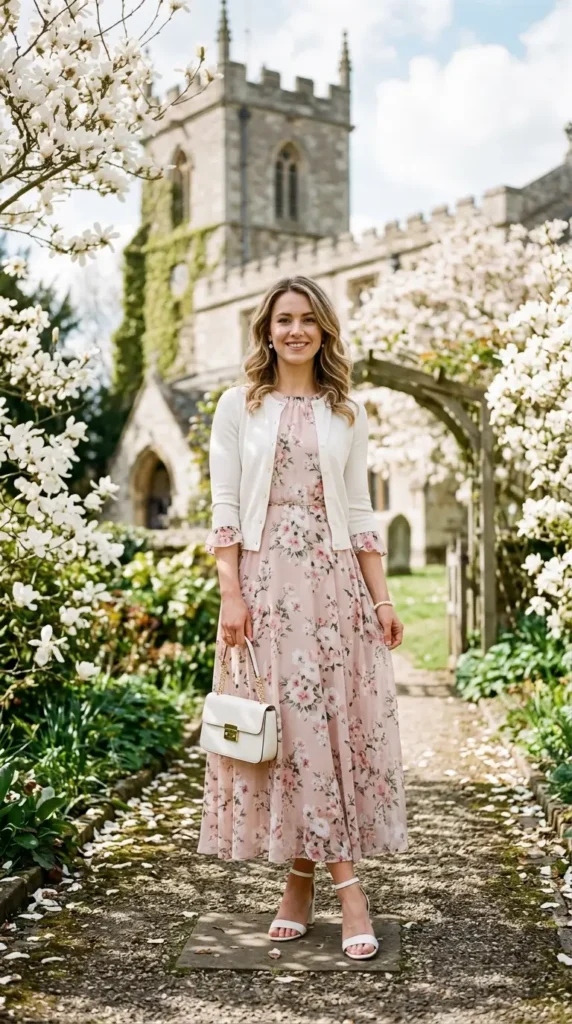 Woman in blush floral maxi dress with white cardigan in church garden, modest elegant spring outfit