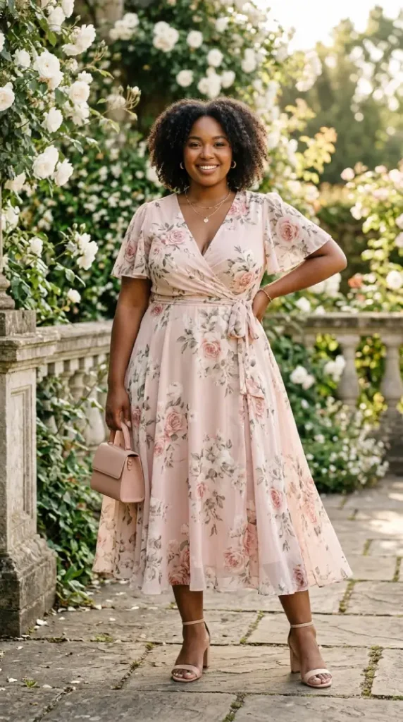Plus-size woman in blush floral wrap midi dress with nude heels, elegant spring look celebrating curves