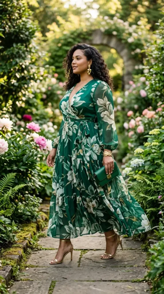 Plus-size woman in emerald floral wrap dress with gold heels side profile, powerful confident spring look