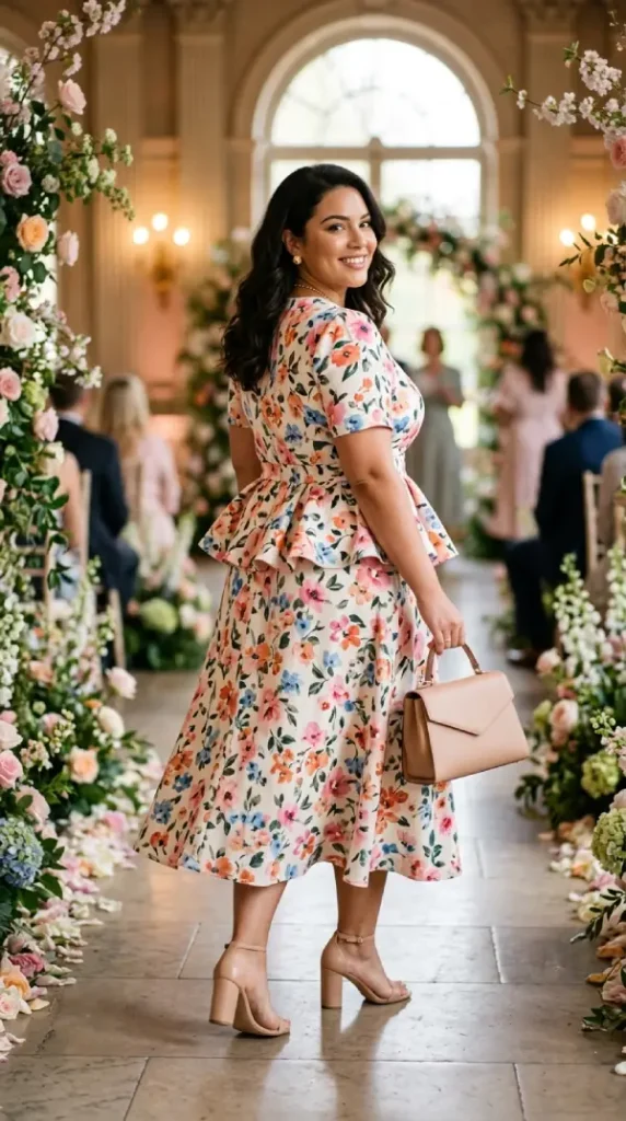 "Plus-size woman in floral midi with peplum waist over shoulder view, cleverly flattering spring look
