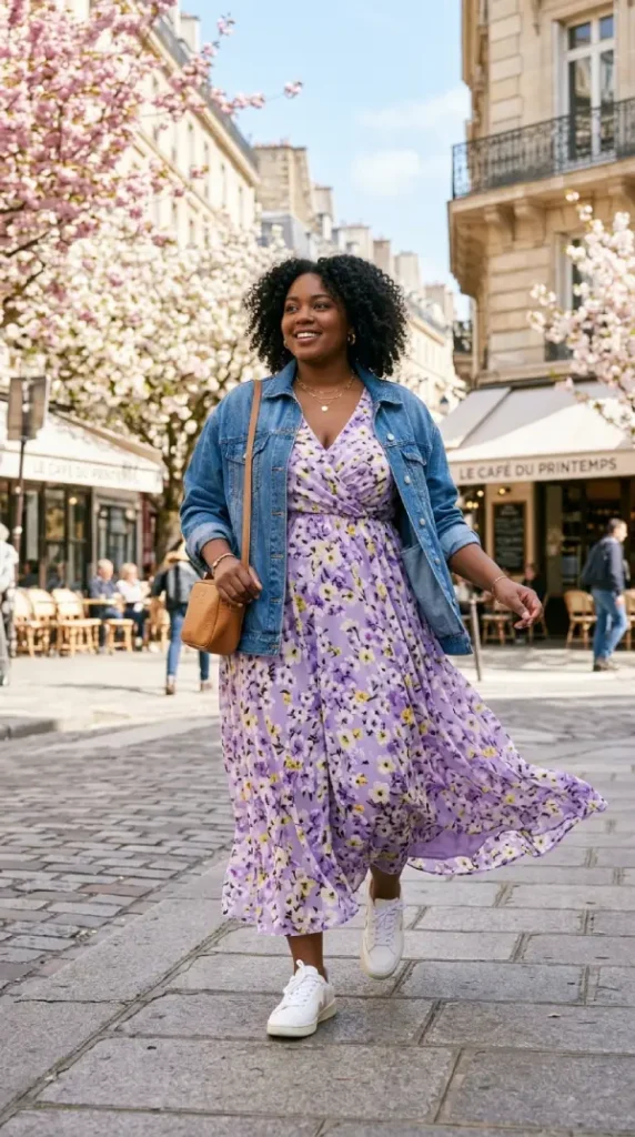 Plus-size woman walking in lavender floral maxi with denim jacket and white sneakers, casual spring look