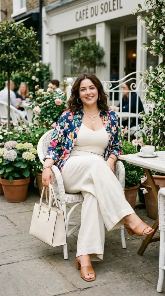 Plus-size woman seated in floral shirt over wide-leg trousers, sophisticated spring separates look