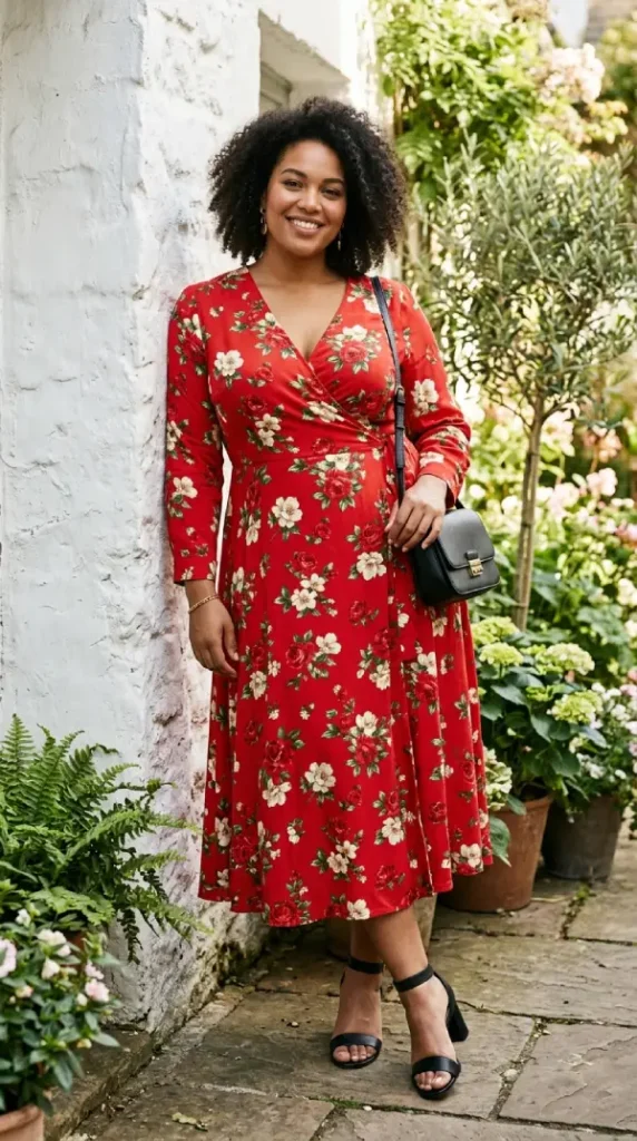 Plus-size woman in red floral wrap dress with black block heels leaning on wall, bold confident spring look