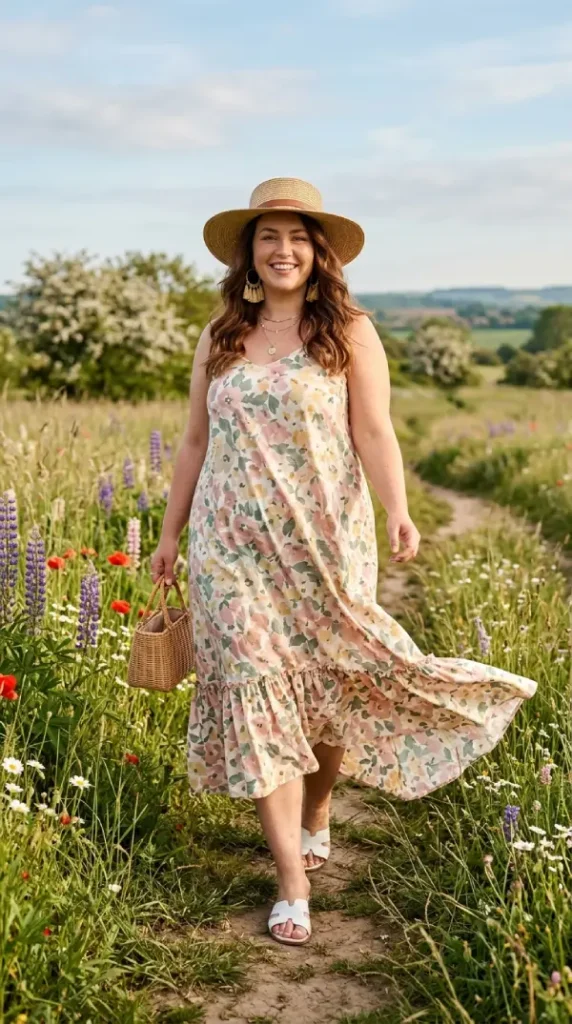 Plus-size woman in soft floral maxi with ruffle hem 3/4 view, joyful celebratory spring look for curves