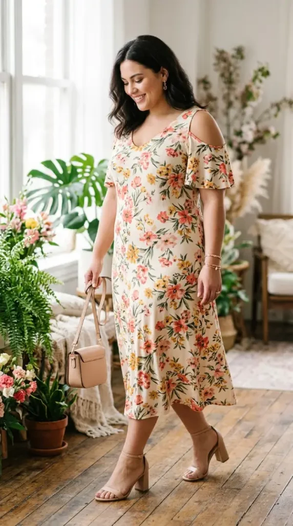 Plus-size woman in floral midi with cold-shoulder sleeves candid moment, flattering spring look