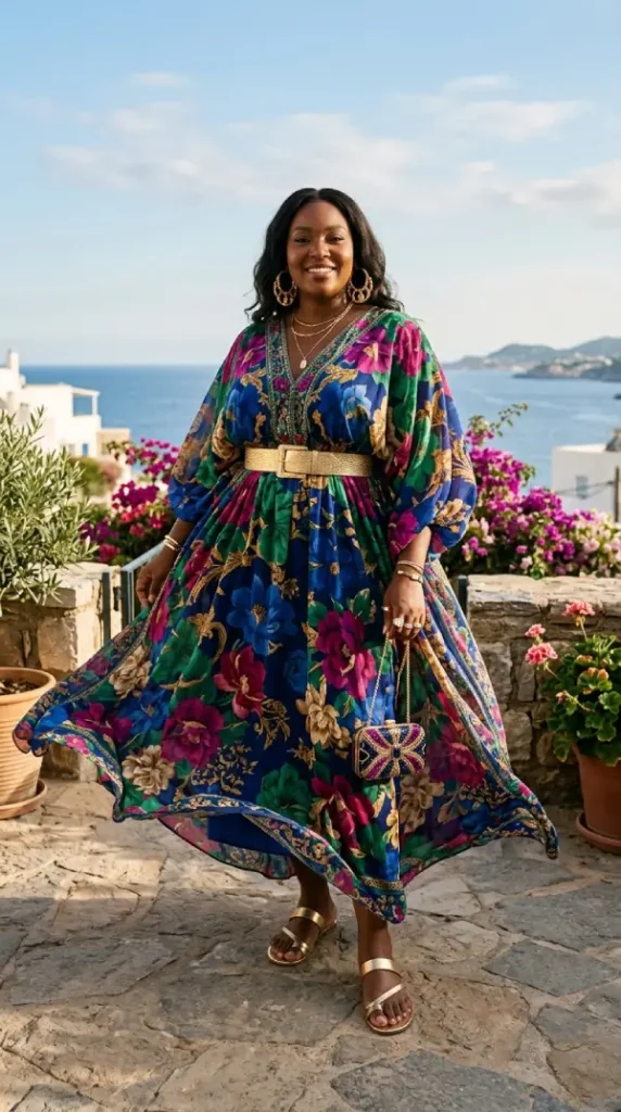 Plus-size woman in floral kaftan maxi with gold belt facing camera, liberating glamorous spring look