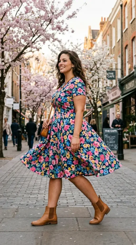 Plus-size woman in floral skater dress with ankle boots side profile, playful spring look for curves